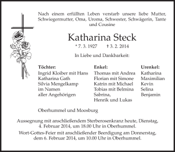 Todesanzeige von Katharina Steck von merkurtz
