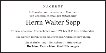 Todesanzeige von Walter Sepp von merkurtz