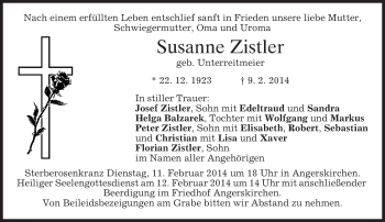 Todesanzeige von Susanne Zistler von merkurtz