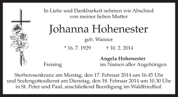 Todesanzeige von Johanna Hohenester von merkurtz