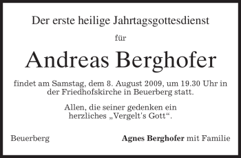Todesanzeige von Andreas Berghofer von MERKUR & TZ