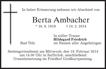Todesanzeige von Berta Ambacher von merkurtz