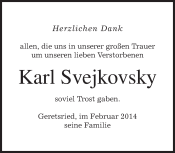 Todesanzeige von Karl Svejkovsky von merkurtz