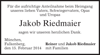 Todesanzeige von Jakob Riedmaier von merkurtz