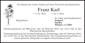 Todesanzeige von Franz Karl von merkurtz