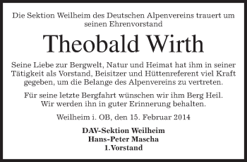 Todesanzeige von Theobald Wirth von merkurtz