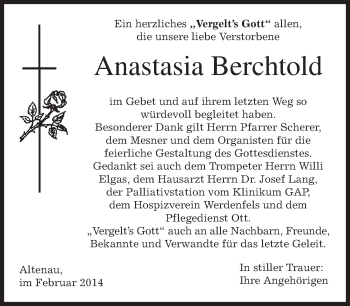 Todesanzeige von Anastasia Berchtold von merkurtz