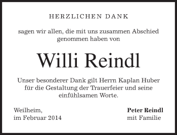 Todesanzeige von Willi Reindl von merkurtz