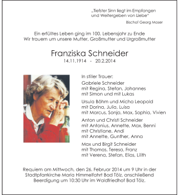 Todesanzeige von Franziska Schneider von merkurtz