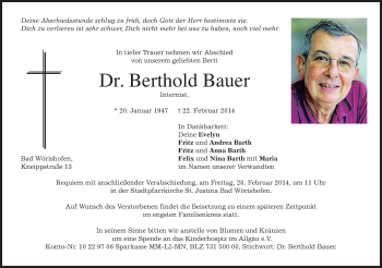 Todesanzeige von Berthold Bauer von merkurtz