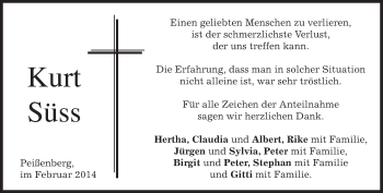 Todesanzeige von Kurt Süss von merkurtz
