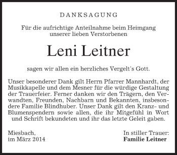 Todesanzeige von Leni Leitner von merkurtz