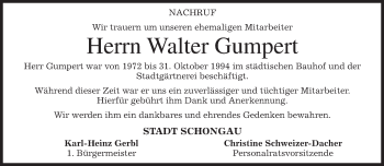 Todesanzeige von Walter Gumpert von merkurtz