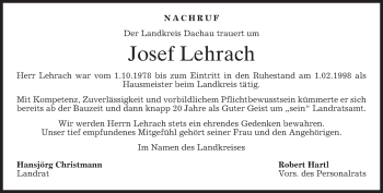 Todesanzeige von Josef Lehrach von merkurtz