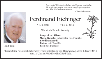 Todesanzeige von Ferdinand Eichinger von merkurtz