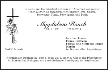 Todesanzeige von Magdalena Rauch von merkurtz