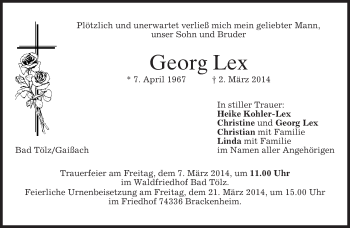Todesanzeige von Georg Lex von merkurtz