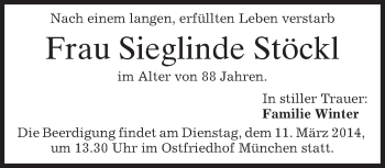 Todesanzeige von Sieglinde Stöckl von merkurtz