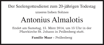 Todesanzeige von Antonius Almalotis von merkurtz