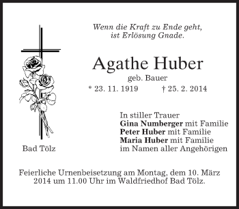 Todesanzeige von Agathe Huber von merkurtz