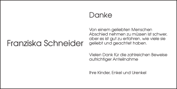 Todesanzeige von Franziska Schneider von merkurtz