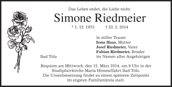 Todesanzeige von Simone Riedmeier von merkurtz