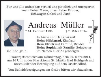 Todesanzeige von Andreas Müller von merkurtz