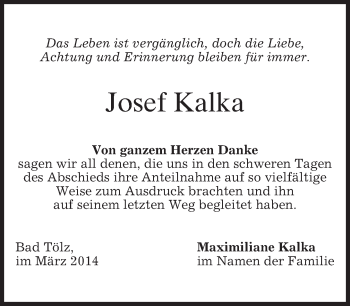 Todesanzeige von Josef Kalka von merkurtz