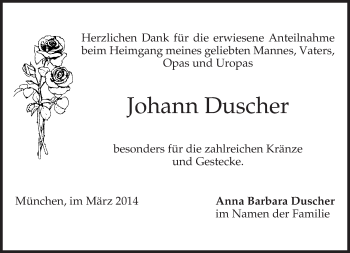 Todesanzeige von Johann Duscher von merkurtz