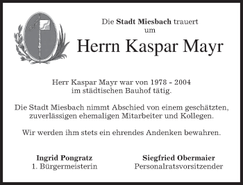Todesanzeige von Kaspar Mayr von merkurtz
