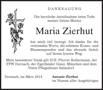 Todesanzeige von Maria Zierhut von merkurtz