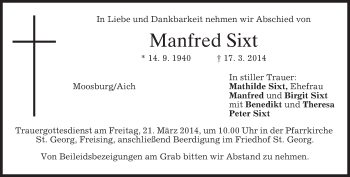 Todesanzeige von Manfred Sixt von merkurtz