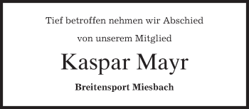 Todesanzeige von Kaspar Mayr von merkurtz