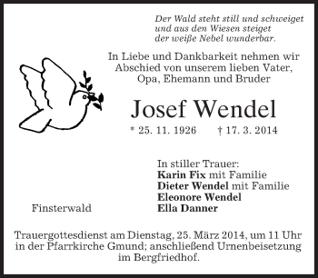 Todesanzeige von Josef Wendel von merkurtz