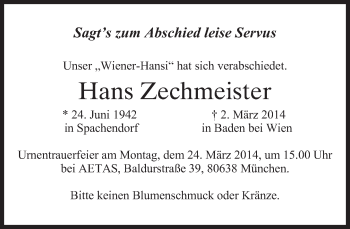 Todesanzeige von Hans Zechmeister von merkurtz
