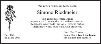 Todesanzeige von Simone Riedmeier von merkurtz