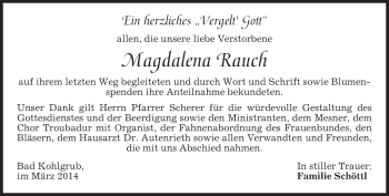 Todesanzeige von Magdalena Rauch von merkurtz