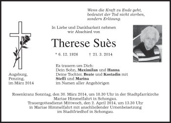 Todesanzeige von Therese Suès von merkurtz