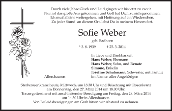 Todesanzeige von Sofie Weber von merkurtz