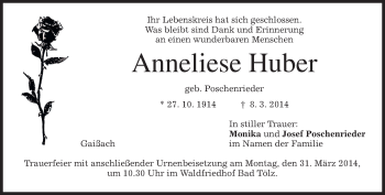 Todesanzeige von Anneliese Huber von merkurtz