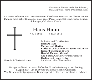 Todesanzeige von Hans Hann von merkurtz
