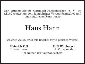 Todesanzeige von Hans Hann von merkurtz