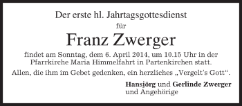 Todesanzeige von Franz Zwerger von merkurtz