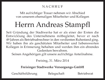 Todesanzeige von Andreas Stampfl von merkurtz