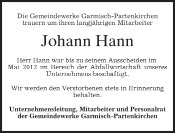 Todesanzeige von Johann Hann von merkurtz