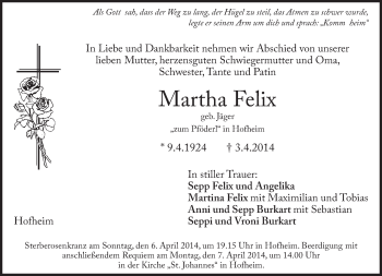 Todesanzeige von Martha Felix von merkurtz