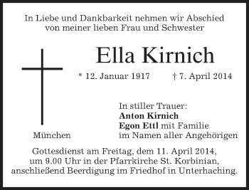 Todesanzeige von Ella Kirnich von merkurtz