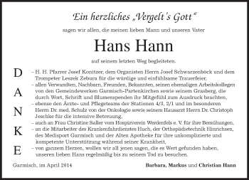 Todesanzeige von Hans Hann von merkurtz