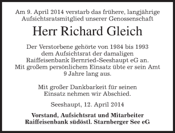 Todesanzeige von Richard Gleich von merkurtz