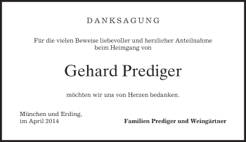 Todesanzeige von Gehard Prediger von merkurtz